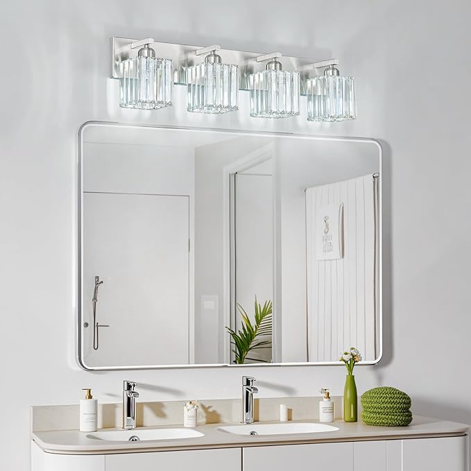 Modern Vanity Light 4-Lights Brushed Nickel Vanity Light Crystal Bathroom Wall Light Bathroom Light Fixtures