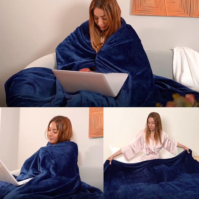 Fleece Plush Throw Blanket Navy Blue 50"x70"for Couch Fuzzy Cozy Flannel | - Image 2