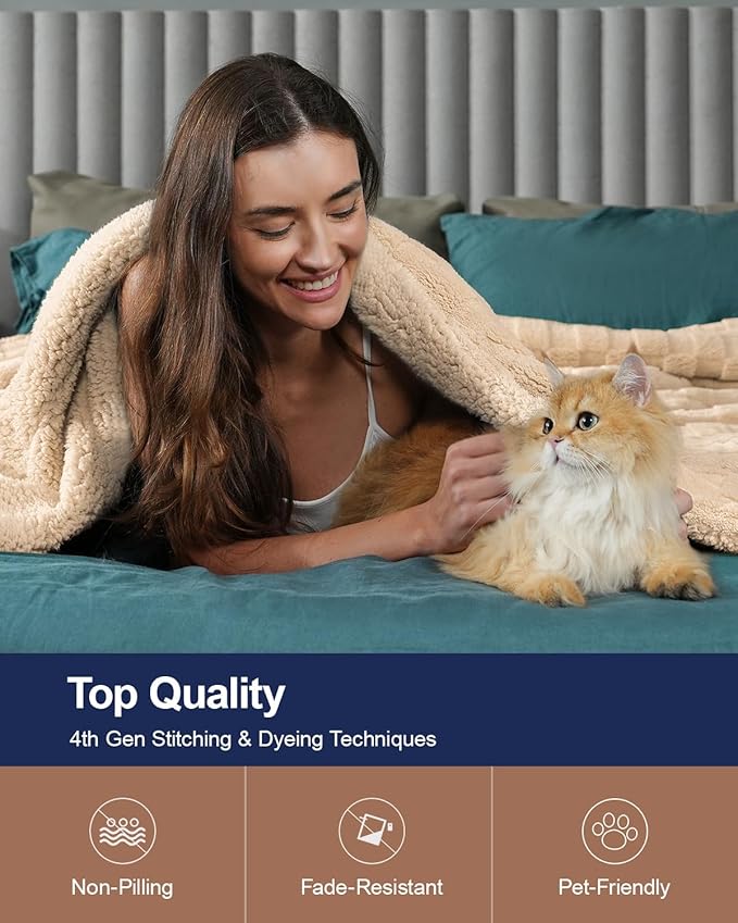 Pawque Super Soft Cozy Throw Blanket Queen Size for Couch Bed, Fluffy Sherpa Fleece Reversible Thick Warm Fuzzy Blanket for All-Season, 3D Checkered Jacquard Decorative Blankets, Khaki, 90"x90"