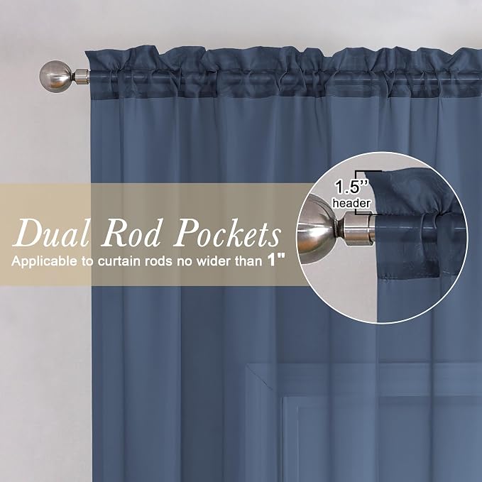 Volie Sheer Curtains Blue Tiers 36 Inches Long 2 Pieces Set, Gauzy Solid Window - Image 2