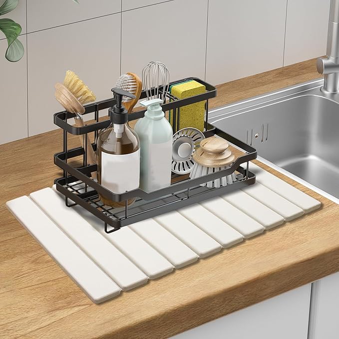 Large Stone Dish Drying Mats for Kitchen Counter, Quick Dry Absorbent Collapsible Dish Drying Mat,Diatomaceous Earth Mats for Dishes Bottles Cups,Match Any Countertop,White 16 * 12inch