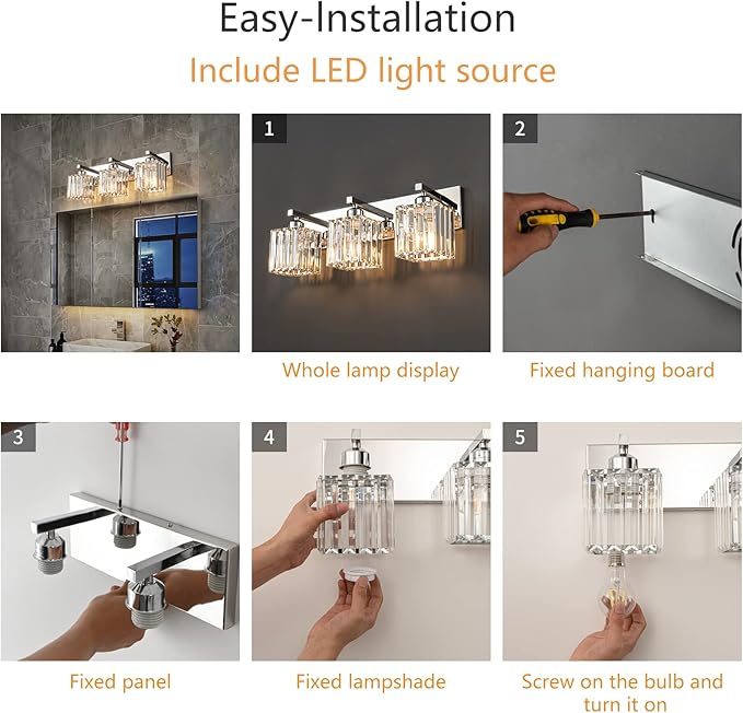 Modern Bathroom Vanity Light 3-Lights Chrome Crystal Bathroom Wall Light Vanity Light Fixtures，20.47-inch Modern Minimalist Design