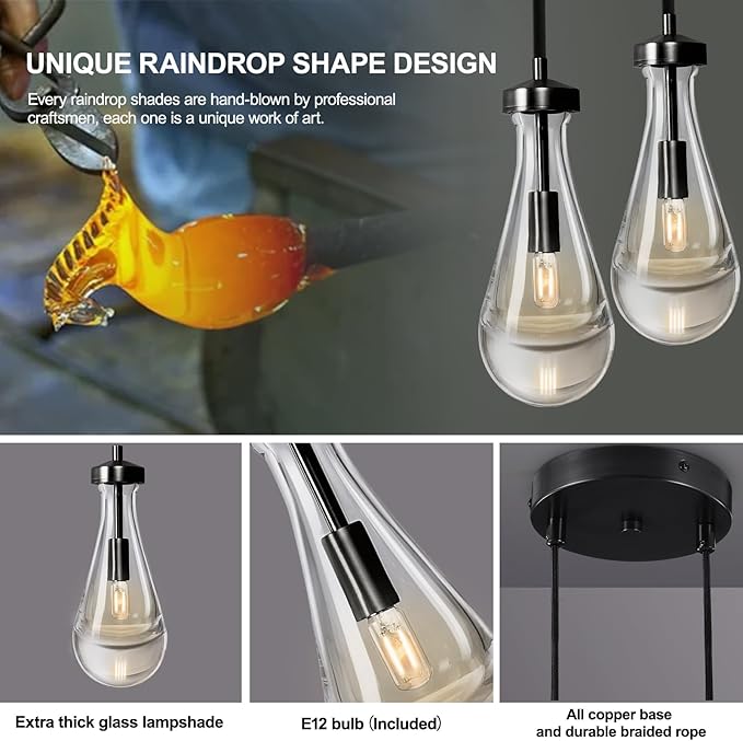 Black Raindrop Pendant Lights Kitchen Island, Bronze 2-Light Cluster Pendant Light for Dining Room, Dimmable Hanging Pendant Lighting Bedroom Light Fixture Ceiling Chandelier for Foyer
