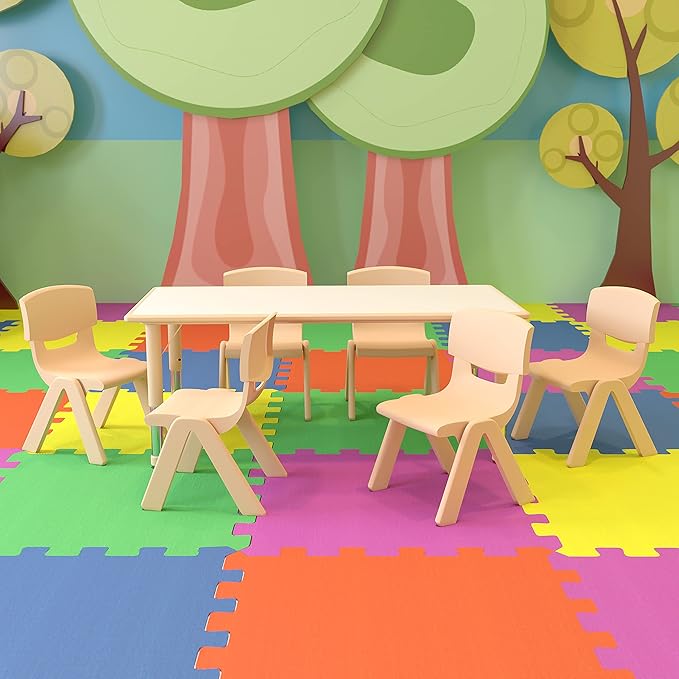 EMMA + OLIVER 23.625" W x 47.25" L Rectangle Natural Plastic Activity Table Set with 6 Chairs