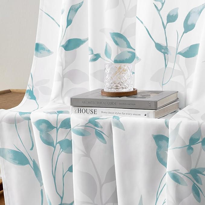 HOMEIDEAS Non-See-Through Teal and White Privacy Sheer Curtains 52 X 96 Inch - Image 5