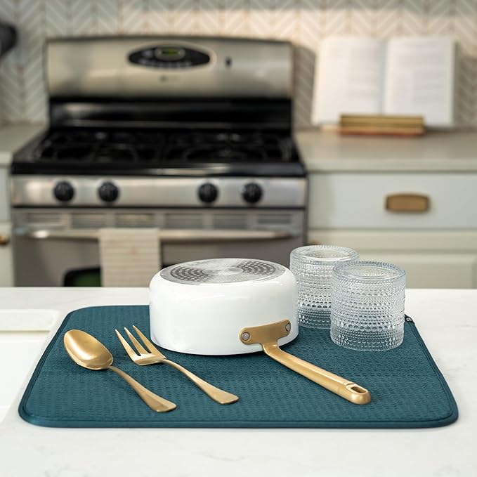 S&T INC. Dish Drying Mat, 16” x 18”, Absorbent Microfiber Kitchen Counter Mat, Dish Drying Pad for Dishes, Utensils, Pots and Pans, Large, Tapestry Blue