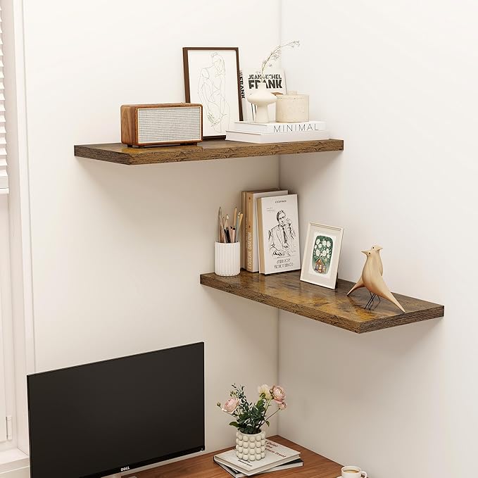 32" Floating Shelves for Wall, 12" Deep Slim Rustic Brown Floating Shelves, Wall-Mounted Shelves for Bedroom, Living Room, Kitchen, Bathroom - Set of 2