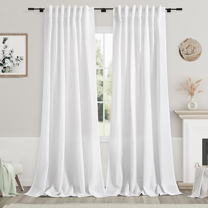 White Linen Curtains for Living Room 114 Inches Long Extra Long Back Tab by Nanspring
