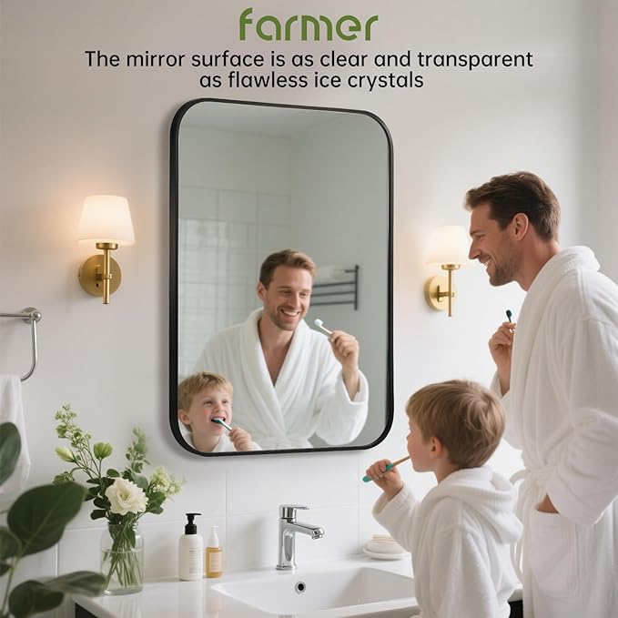 FARMER 24x32 Inch Black Bathroom Mirror, Rectangle Vanity Mirror, Brushed Mirrors for Wall, Metal Frame Hanging Mirror with Round Corner for Bedrooms, Entryways, Living Rooms, Horizontal/Vertical