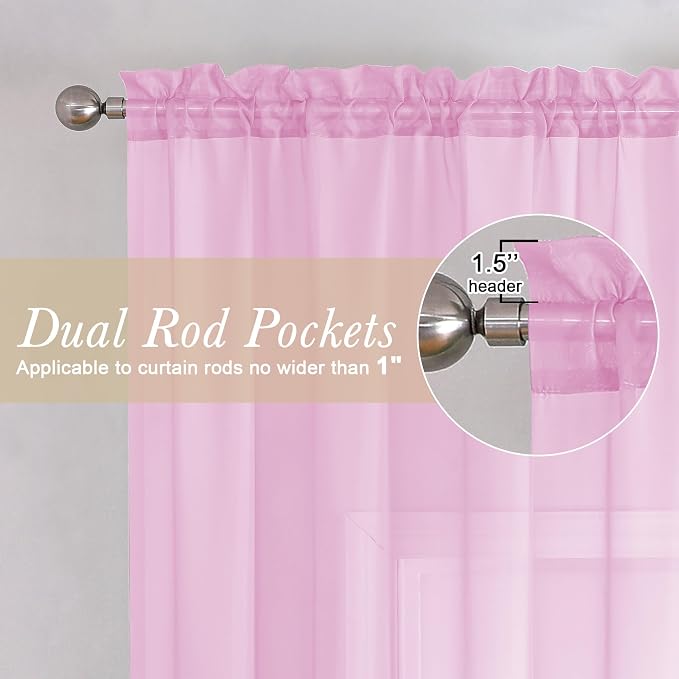Light Pink Sheer Curtains 45 Inch Length 2 Panels, Airy Voile Curtains - Image 2
