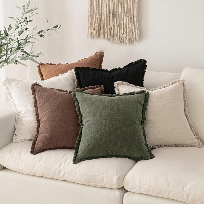 MIULEE Linen Fringe Decorative Fall Euro Pillow Covers Dark Coffee 24x24 | Set - Image 6