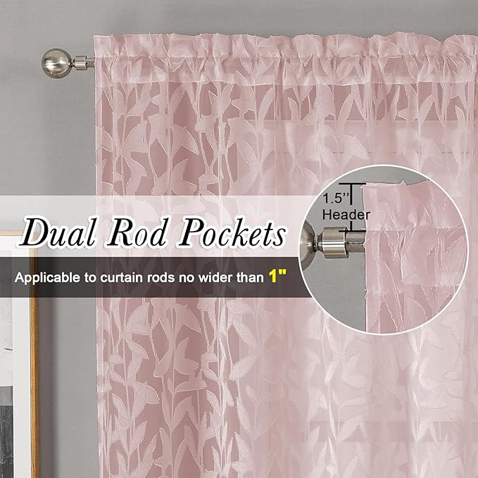 Lecloud Leia Clip Textured Sheer Blush Curtains 45 Inch Length 2 Panels - Image 2