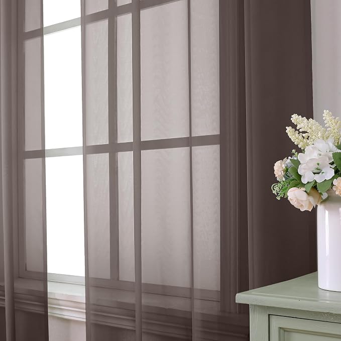 Aiyufeng Chocolate Brown Sheer Curtains 90 Inches Long 2 Panels, Solid Voile - Image 2