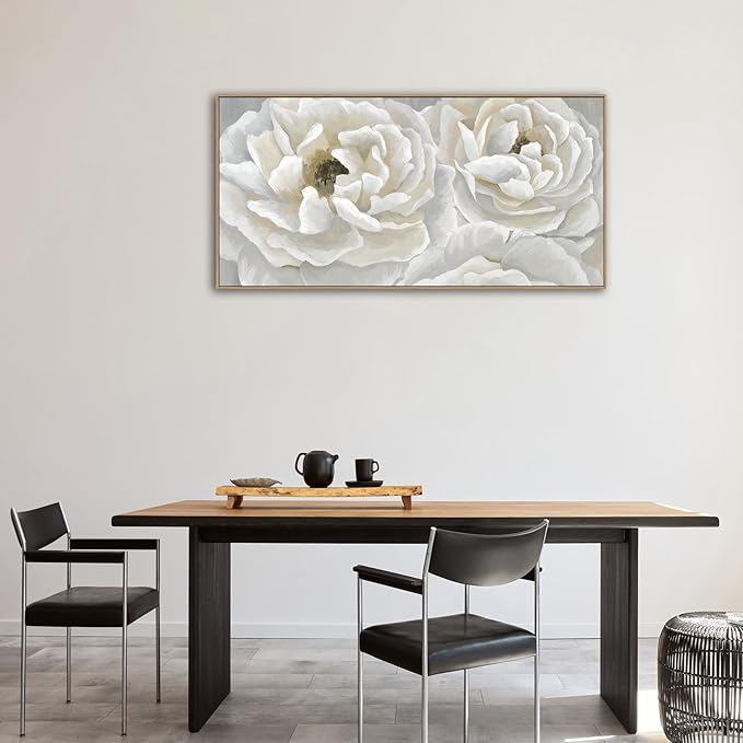 arteWOODS Cream White Flowers Framed Wall Art - Soft Peony Pictures for Wall Decor Elegant Blossom Flower Painting Artwork Botanical Prints for Living Room Home Office Wall Decoration 24" x 48"