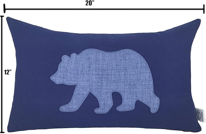 Lumbar Pillow Covers 12x20 Inches Bear Decorative Cotton Linen Throw Lumbar Waist Embroidered Cushions Covers for Couch Sofa Bedroom (Blue)