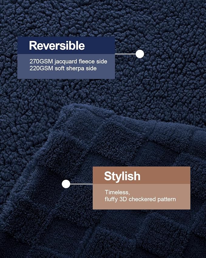 Pawque Super Soft Cozy Throw Blanket King Size for Couch Bed, Fluffy Sherpa Fleece Reversible Thick Warm Fuzzy Blanket for All-Season, 3D Checkered Jacquard Decorative Blankets, Navy Blue, 108"x90"