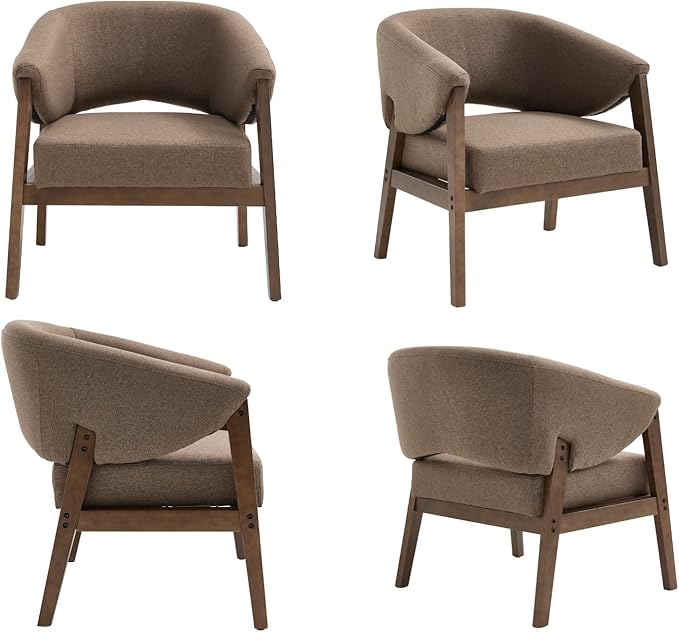 Mid-Century Modern Accent Chairs Set of 2, Comfy Barrel Armchairs with Wide Seat, Upholstered Lounge Chairs with Walnut Wood Legs for Living Room/Bedroom/Reading Corner, Linen Fabric, Brown