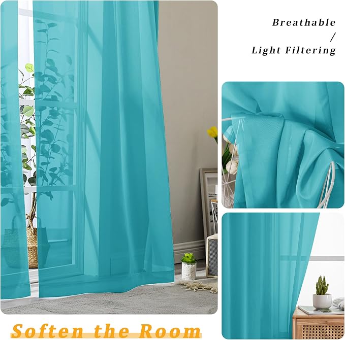 Gwine Turquoise Sheer Curtains 96 Inches Long 2 Panels, Elegant Window - Image 3