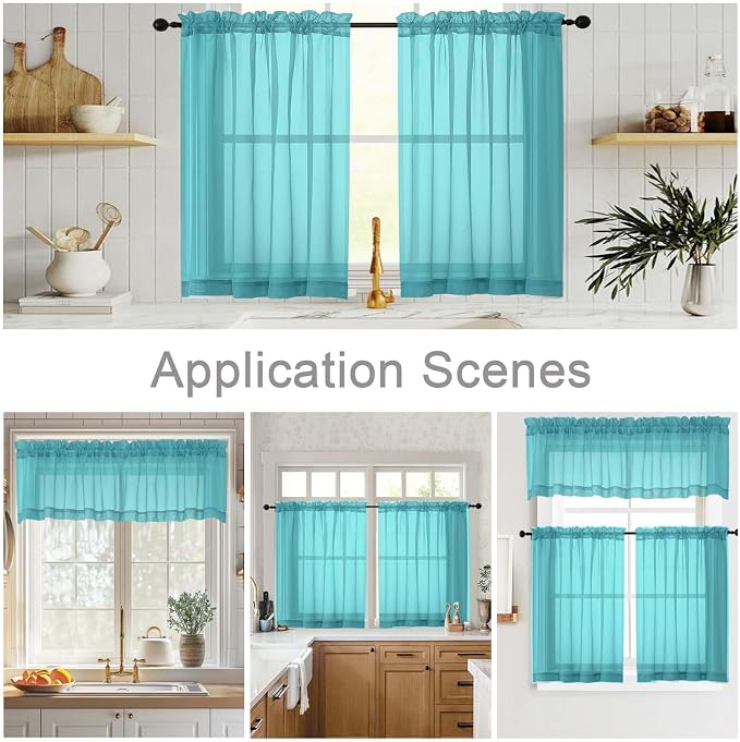 Kitchen Curtains 24 Inch Length Tier 2 Pieces, Turquoise Sheer Curtain Solid - Image 6