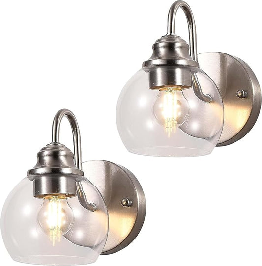 Farmhouse Gooseneck Wall Sconces Set of Two, Bathroom Brushed Nickel Vanity Light, Modern Indoor Wall Light Fixtures with Clear Glass for Bathroom Beside Mirror Living Room Hallway(Brushed Nickel)