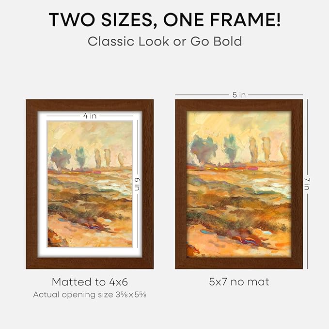 Homeforia 5x7 Brown Picture Frame, High End Dark Oak 5x7 Wooden Frames with Mat 4x6 Photo, 5 x 7 Walnut Wood Frame Matted to 4 x 6 Print, 7x5 Wall or Tabletop Frame, Tempered Glass, Wall Kit, Set of 1