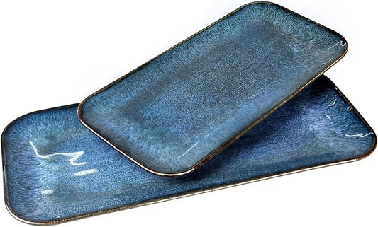 Porcelain Dinner Plates Blue 2 PCS, Serving platters for entertaining, for Fruit, cheese, snack, Bread, cupcake, Salad - Scratch Resistant durable, Microwave, Dishwasher Safe