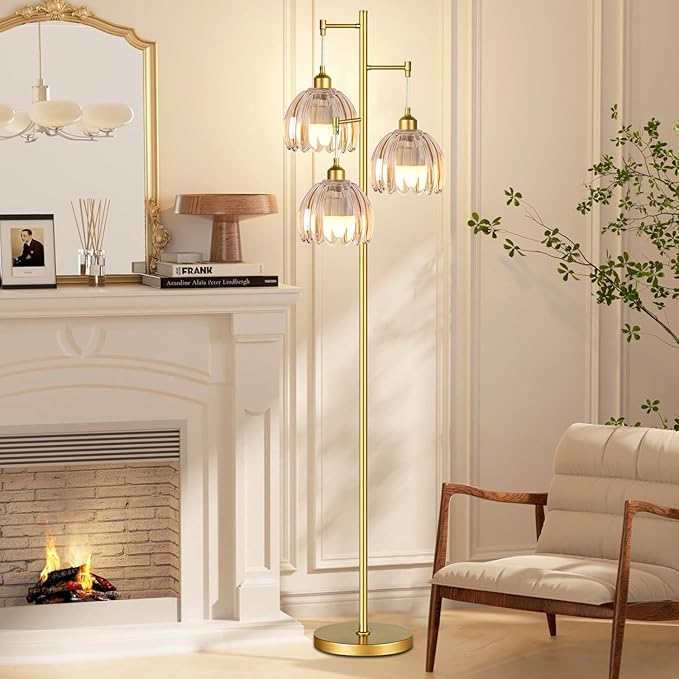 Gold Floor Lamp for Living Room,Bedroom,Tree 3 Light Standing Lamp Mid Century Modern Brass Tall Floor Lamps Vintage Retro Floor Lights Glass Flower Amber Lamp Shade Farmhouse Boho Bohemian