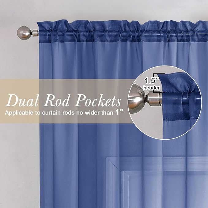 Royal Blue Sheer Curtains 90 Inches Long 2 Panels, Living Room Curtains - Image 2