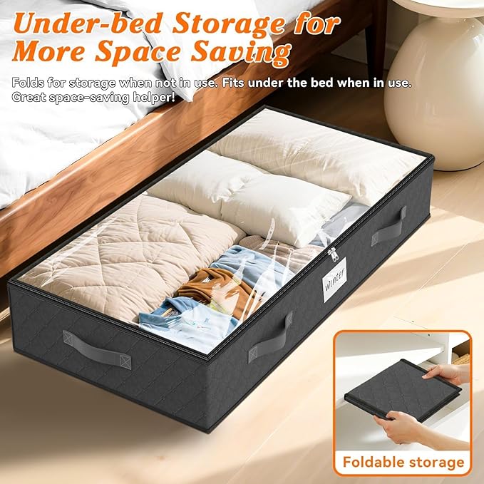 SpaceWhisper 90L Under Bed Storage Containers, 6-Pack Storage Bins with Clear Top, Foldable Closet Organizers and Storage with Label Holder for Clothing, Blankets, Comforter & Pillows (Grey)