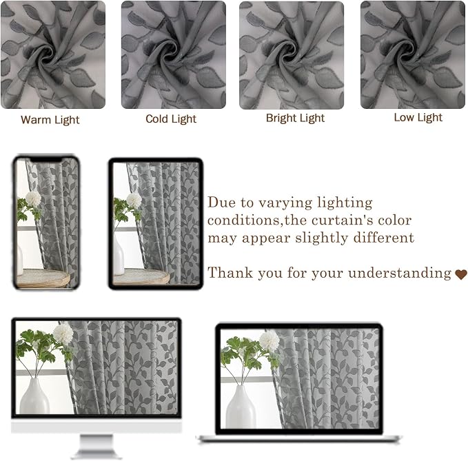 Chyhomenyc Charcoal Grey Sheer Curtains 30 Inch Length, Light Filtering Leaf - Image 3
