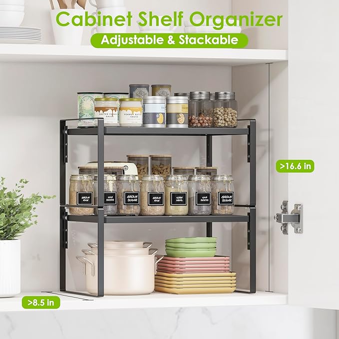 2 Pack Kitchen Countertop Organizer, Stackable Cabinet Shelf Organizer, 2 Tier Adjustable Kitchen Counter Shelves Riser For Pantry Cupboard Bathroom Organization And Storage, Desk Shelf,Spice Rack