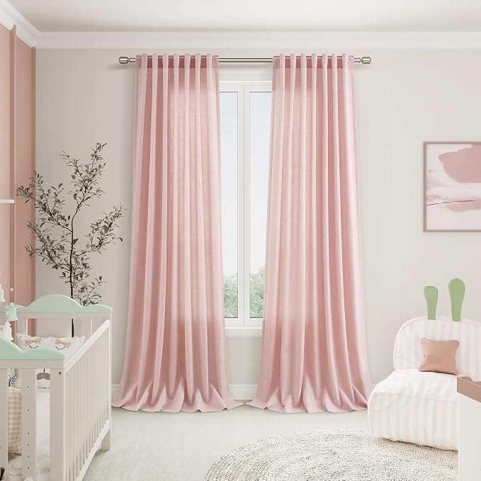 Nanspring Pink Linen Curtains 96 Inches Long 2 Panels Set - Image 4
