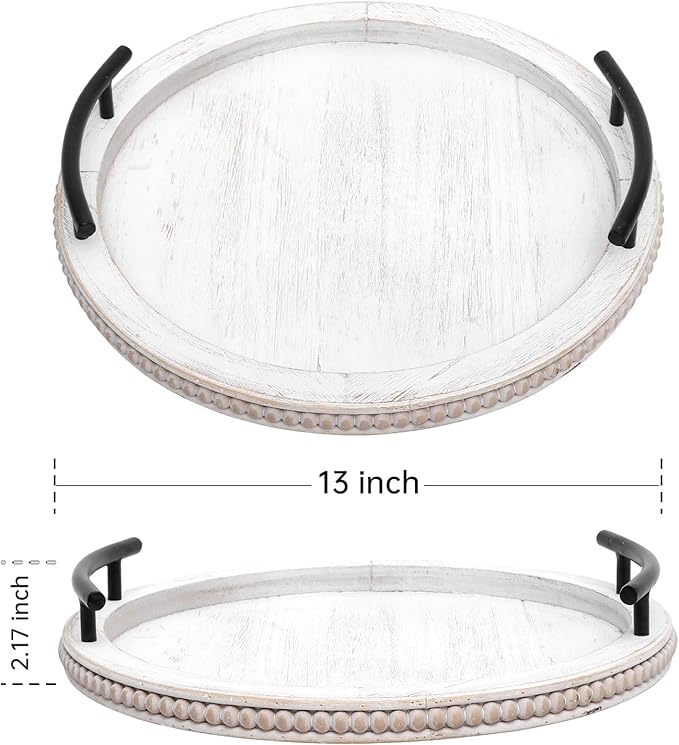 SwallowLiving White Wooden Beaded Serving Tray with Handle Decorative Rustic Whitewashed Tray for Coffee Table Farmhouse Round Tray for Kitchen, Living Room and Bedroom