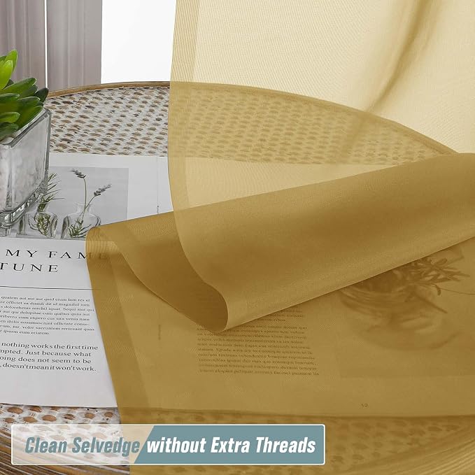 Gold Sheer Curtains for Window 96 Inches Long 2 Panels Set, Soft Airy Light - Image 2