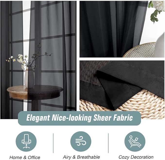 Black Sheer Curtains for Windows 108 inches Long 2 Panels Set, Soft Lightweight - Image 4