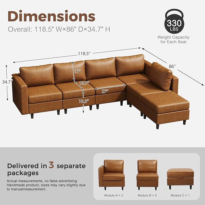 ABCASA 118.5" Faux Leather Modular Sectional Sofa, L Shaped Couch Set for Living Room, 6-Seater Comfy Cloud Couches with Movable Storage Ottoman Brown