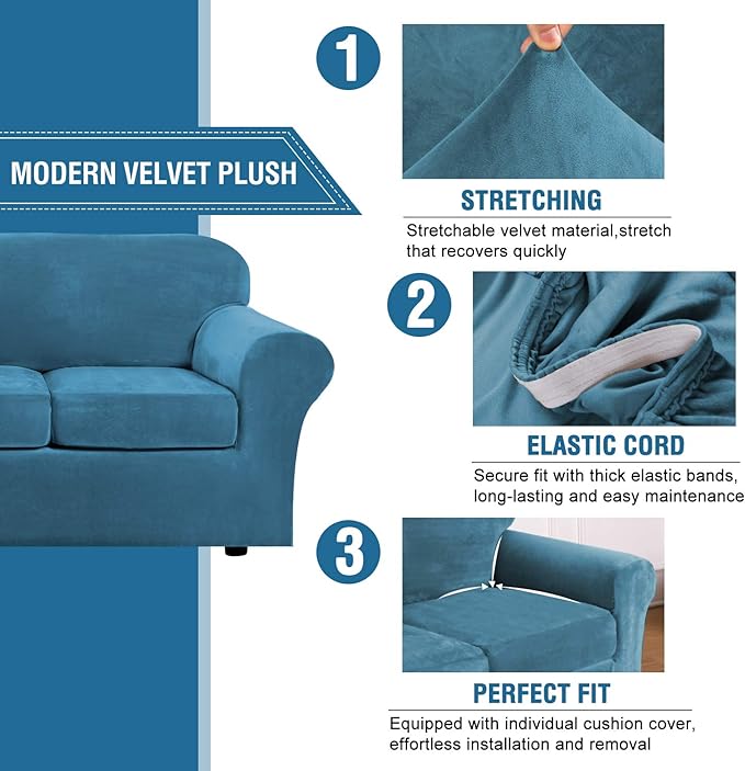 H.VERSAILTEX Real Velvet Plush 3 Piece Stretch Sofa Covers Couch Covers - Image 3