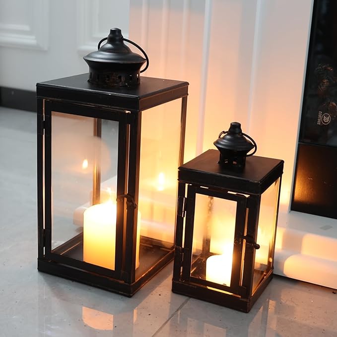 DECORKEY Large Lantern Decorative Outdoor & Indoor, Set of 2 (14’’&10’’) Metal Candle Lanterns Decor, Vintage Hanging Candle Holder for Front Porch Patio Wedding Farmhouse Home, Spring Decoration