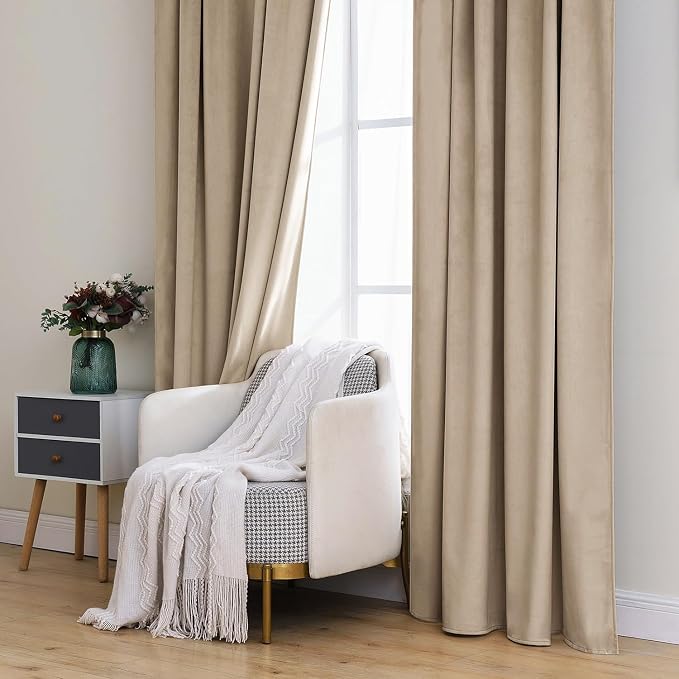 MIULEE Velvet Curtains 52x108 inches 2 Panels Cream Beige Blackout Curtains | - Image 7