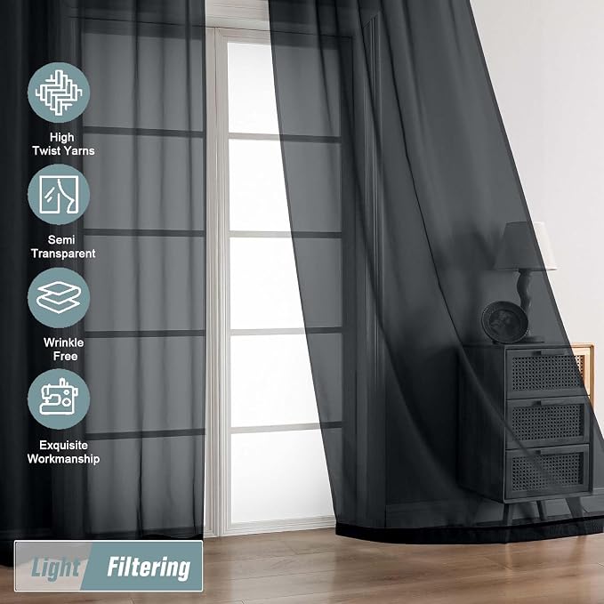 Black Sheer Curtains for Windows 108 inches Long 2 Panels Set, Soft Lightweight - Image 5