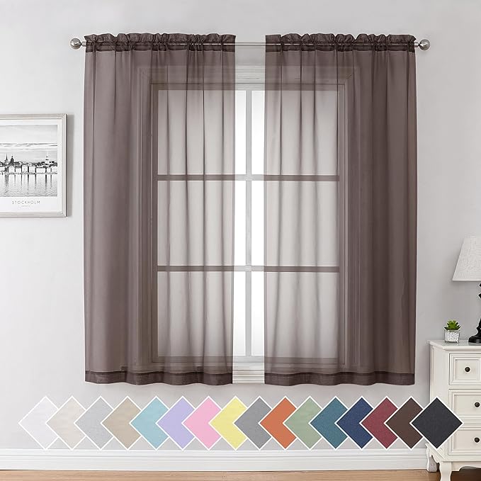 Aiyufeng Chocolate Sheer Curtains 63 Inches Long 2 Panels, Solid Voile Top Dual by Aiyufeng
