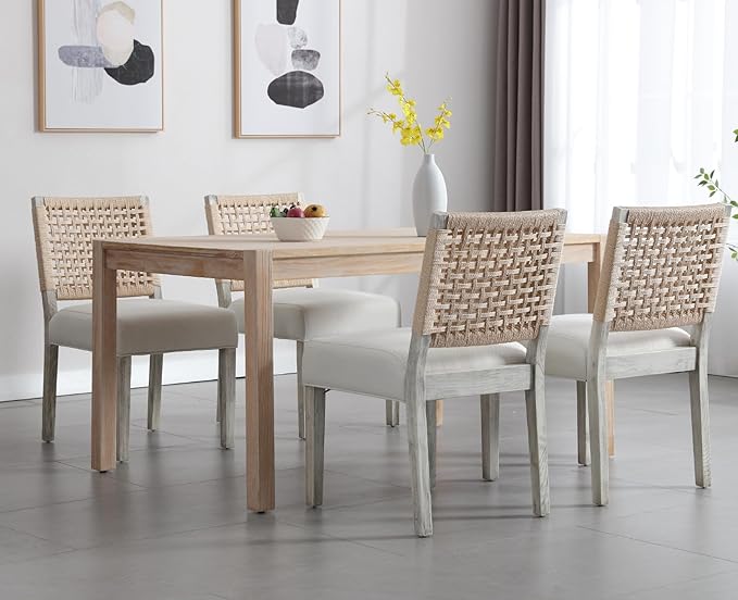 Kmax Farmhouse Dining Chairs Set of 6, Rustic Kitchen Chairs with Linen Fabric Seat and Woven Back, Vintage Accent Chairs for Dining Room, Living Room, Ivory
