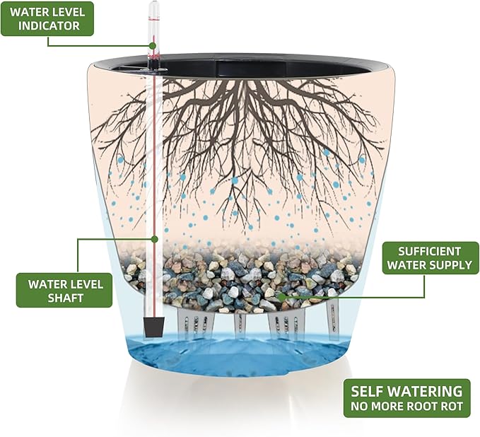 Dexceder 9x8 Inches Self Watering Planter Indoor Outdoor, Inner Pot Design, Thickened Table Flower Plant Pot with Water Level Indicator (White Gold Crackle)