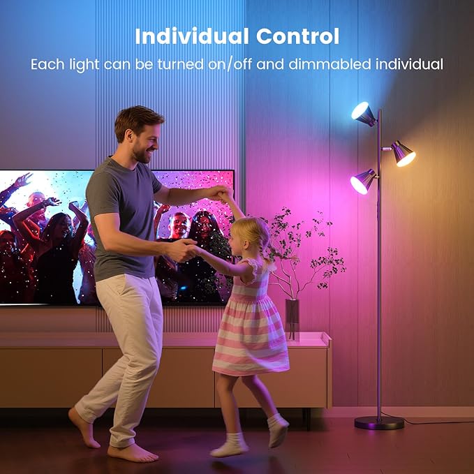 RGB Floor Lamp, 36W LED Dimmable Standing Lamp with 3 Swivel Lights, Color Changing Tall Lamp with Remote, Stepless Dimmable Modern Floor Lamps for Living Room, Bedroom, Gaming Room,Office