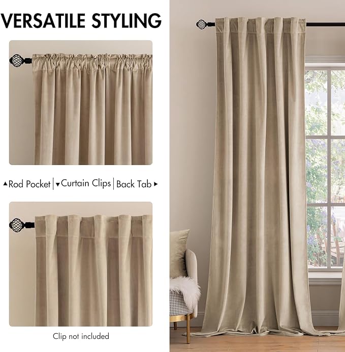 MIULEE Velvet Curtains 52x90 inches 2 Panels Cream Beige Blackout Curtains | - Image 2