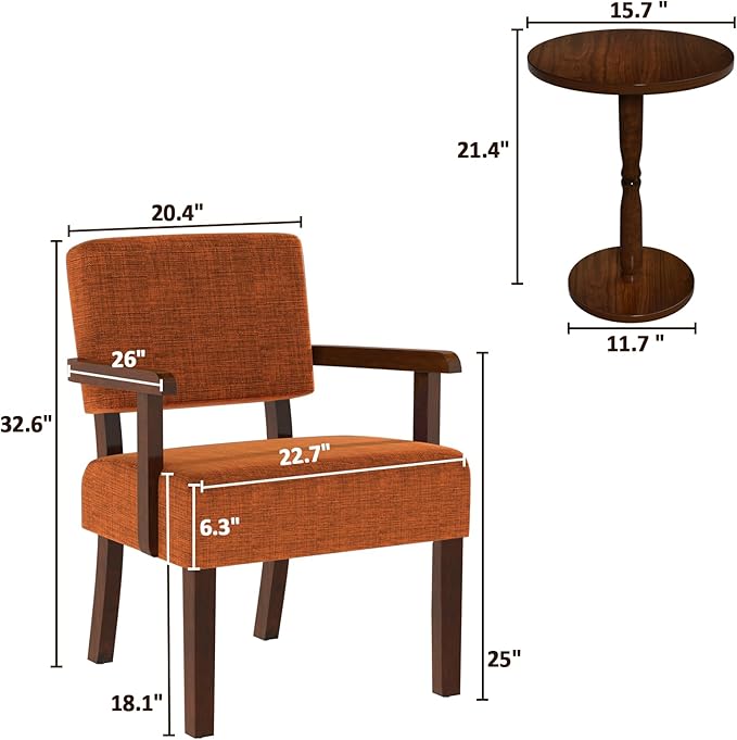 Accent Chair Set of 2 with Table, Living Room Chairs with Soft Seat and Armrests for Living Room Bedroom Reading Room Waiting Room (Orange), Linen, AC01