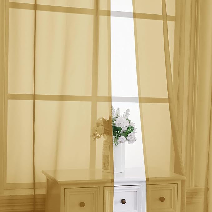 Chyhomenyc Gold Sheer Curtains 45 Inch Long 2 Panels, Short Voile Drapes - Image 7