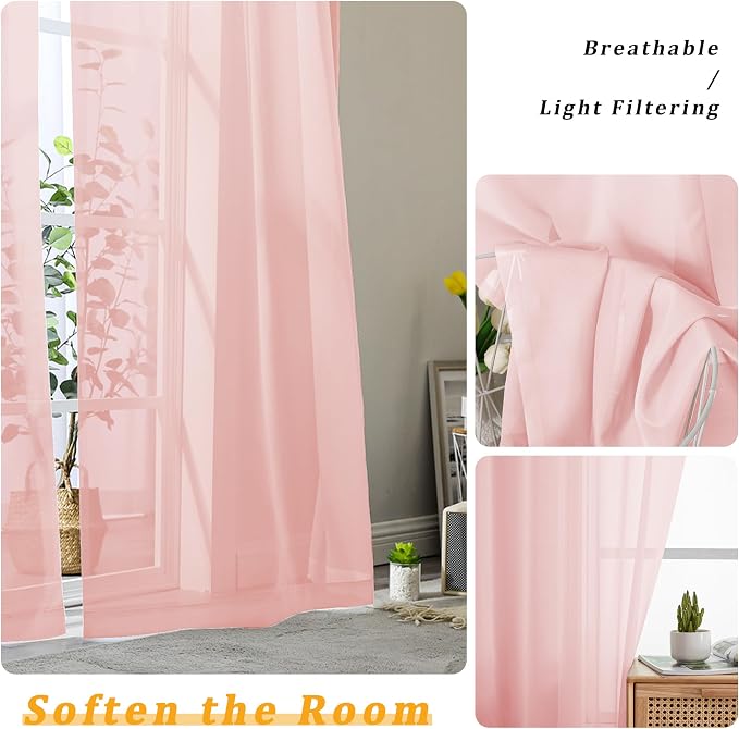 Gwine Blush Pink Sheer Curtains 72 Inches Long 2 Panels Set - Image 3