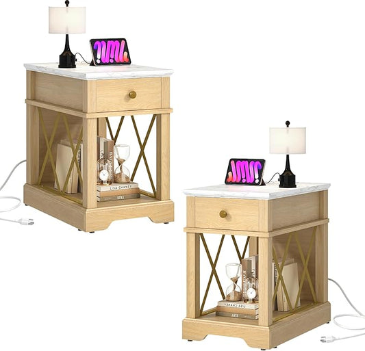 YITAHOME Farmhouse End Table Set of 2, Side Table with Power Outlets, Nightstand with Drawer and Open Storage, Rustic End Table for Living Room, Sleeping Room, Natural Walnut