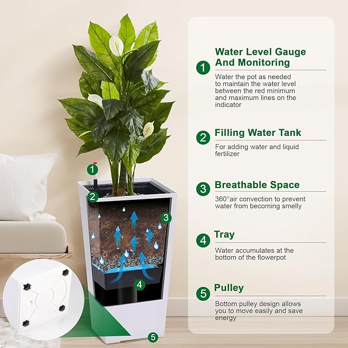 30" Tall Planters Set of 2, Outdoor＆Indoor Black Planter Pots, High Front Porch Planter Pots with Drainage Holes＆Water Level Monitor Movable Wheels ＆Inner Bucket, Automatic Watering, White